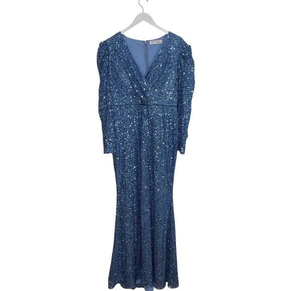 Mac Duggal Dress 5510 French Blue Sequin Long Sleeve Gown Size 12 - Picture 4 of 7